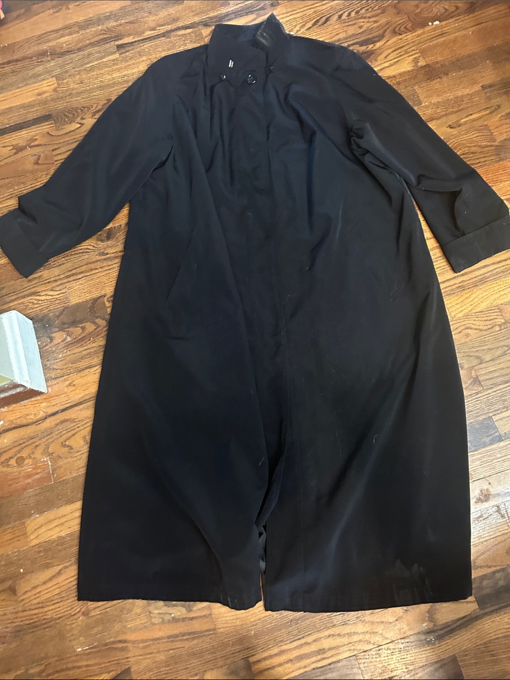 Gallery Black Long Trench w/ Stand Collar, long,I’m 5’10 & it’s 4” above ankle.